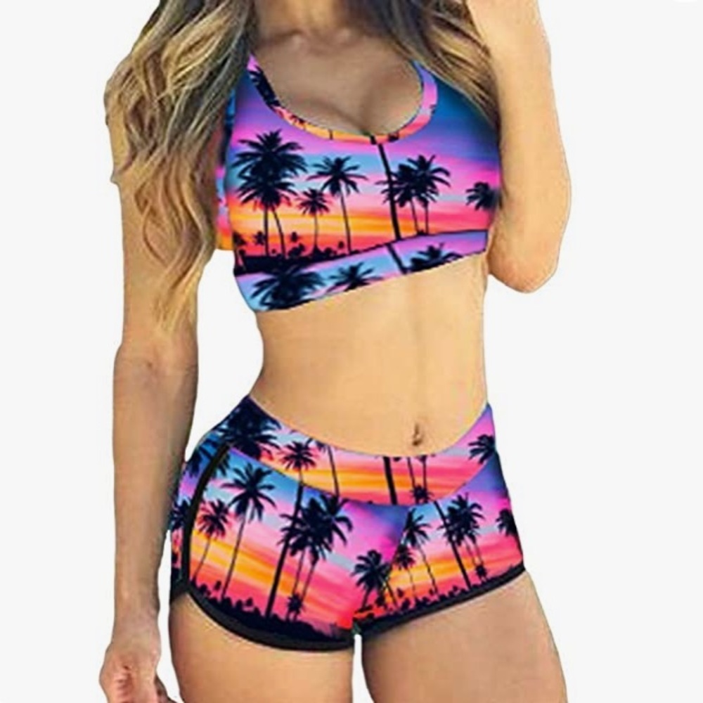 NWOT Tropical Two Piece Booty Shorts & Lined Razorback Swim Suit